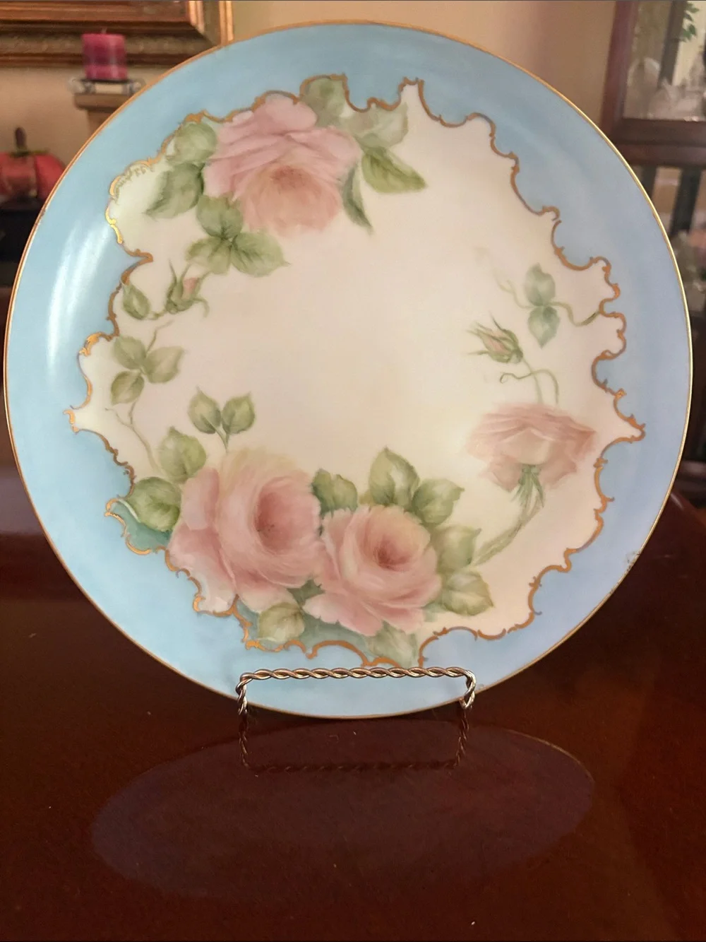 Vintage Hand-Painted Pink Rose Decorative Plate with Blue Border 10”